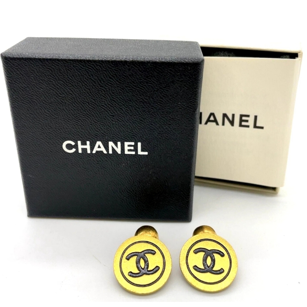 Authentic Chanel COCO Mark Round Gold /Black Cufflinks Comes With Box